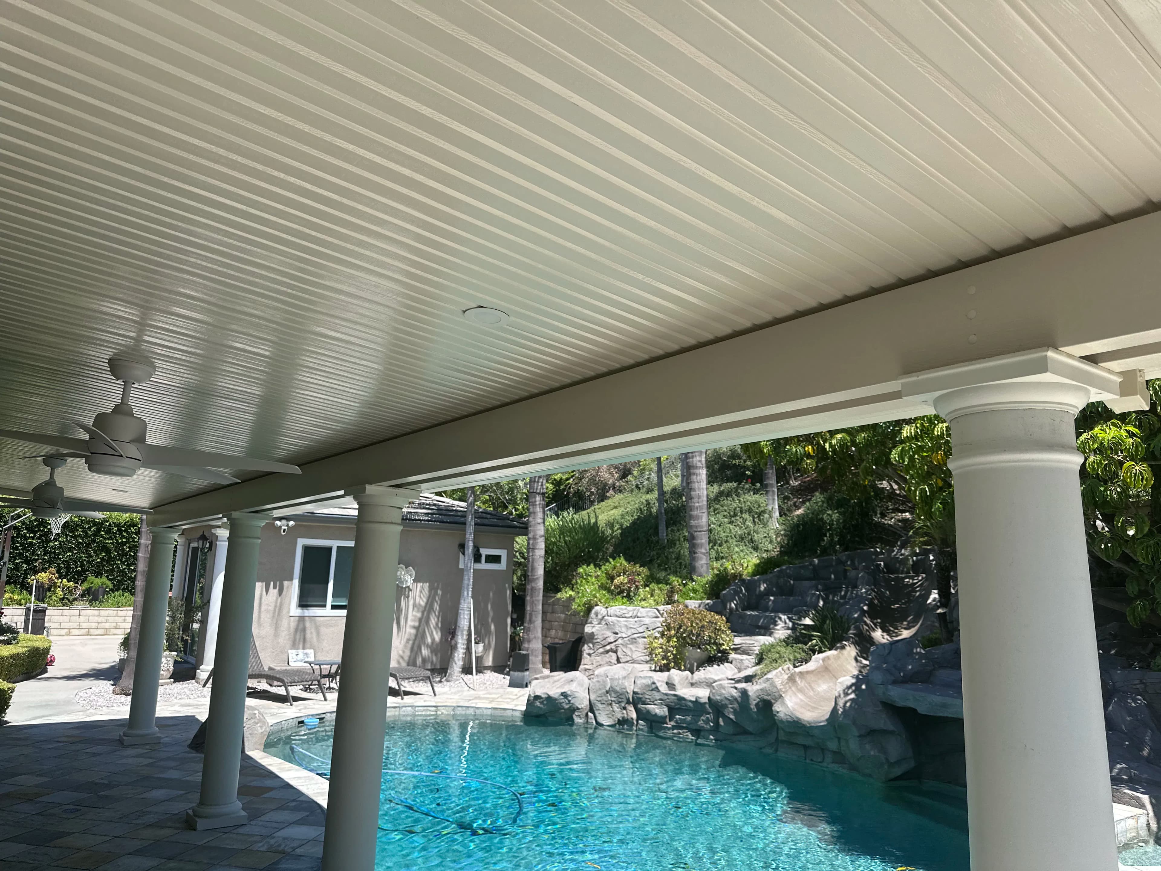 Project Lattice to Solid Alumawood Patio Cover with Lights and Fans image